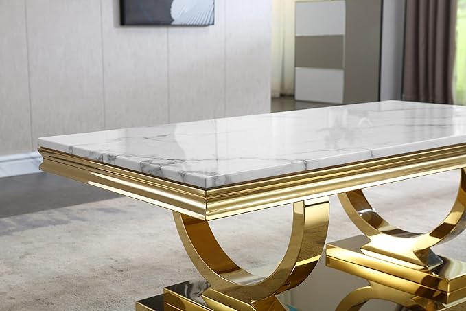 Modern Marble Coffee Table, Rectangular White and Gold Marble Tea Table with U-Shape Stainless Steel Base with Gold Mirrored Finish for Living Room (Gold3)