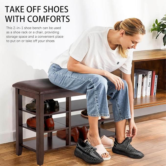 PY HOME & SPORTS Shoe Rack for Entryway 31.5": 3-Tier Shoe Storage Bench,Adjustable/Removable Shelves, Rubberwood Shoe Benches for Hallway, Porch, Bathroom, Brown - Image 6