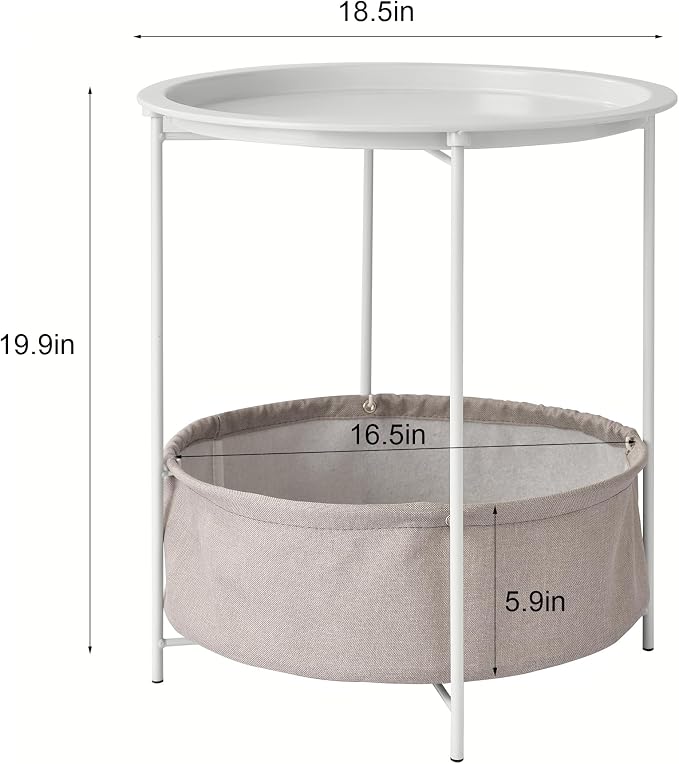 VECELO Round Side/End Table with Fabric Storage Basket，Metal Anti-Rust and Waterproof Small Bedside Nightstand with Removable Tray Top for Living Room，Balcony & Laundry，Beige/1pcs with Basket - Image 3