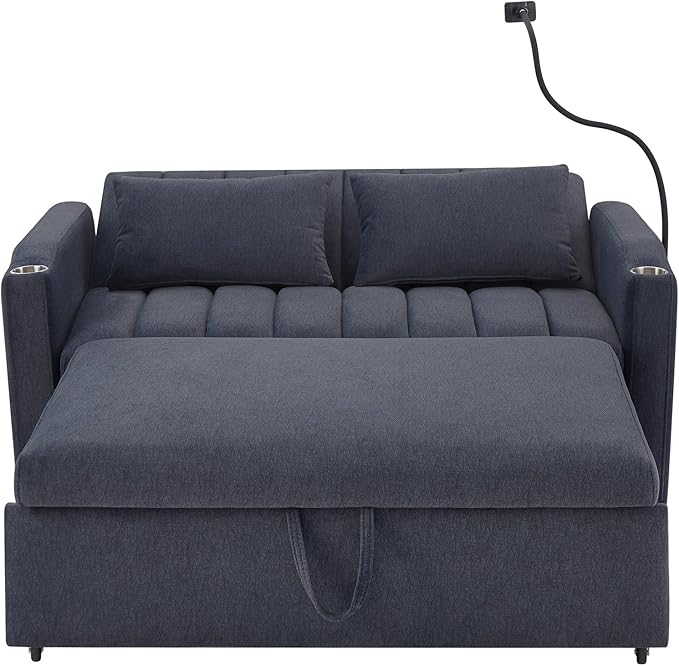 Eafurn 3 in 1 Convertible Sleeper Sofa Bed - Pull Out Couch Bed with Side Pockets, 55.9" Futon Love Seat Sleeper with Cup Holders and 360°Swivel Phone Holder for Living Room