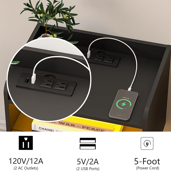 Veegle White Floating Nightstand with Charging Station and LED Lights (Black) - Image 5
