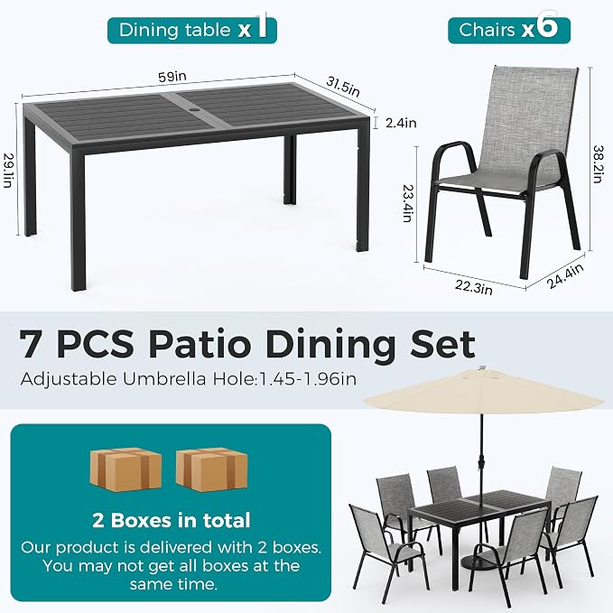 Pamapic Outdoor Dining Sets for 6, Rectangular Steel Slat Table with 6 Textilene Chairs, 7 Piece Patio Table and Chairs Set with Umbrella Hole for Patio, Garden, Backyard and Poolside (Grey) - Image 5