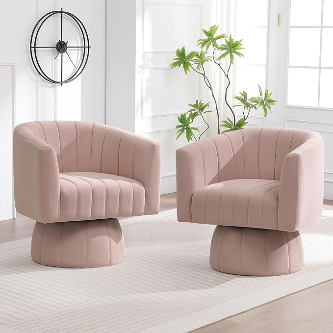 Swivel Accent Barrel Chair, Cute Comfy Small Round 360° Arm Chair. Velvet Sofa Club Reading Chair for Living Room Bedroom Office Pink