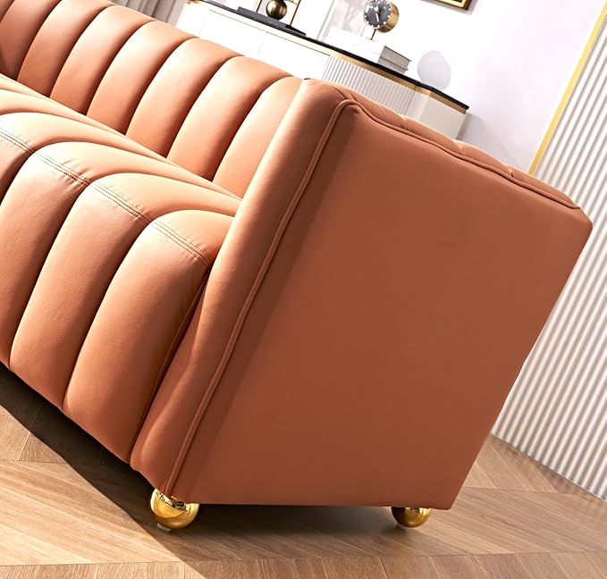 Direct Glam Fabric Upholstered Solid Wood Frame 82.7" Art Deco Sofa for Living Room, Office, Sophisticated 3 Seater Couch, Orange