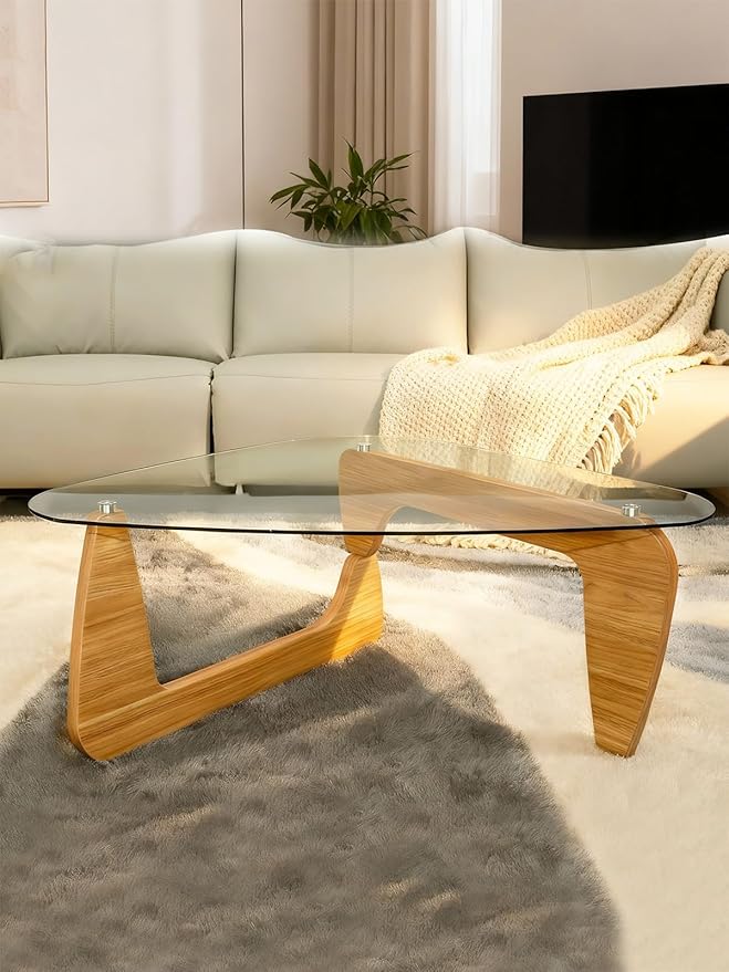 Morden Coffee Table,Glass Coffee Table with Natural Wood Legs,42.5" x 28.5" x 16" Triangle Tempered Glass Top for Living Room, Walnut