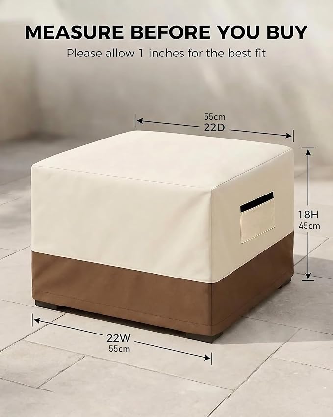 Waterproof Patio Ottoman Cover, Square Outdoor Side Table Furniture Cover with Padded Handles, 600D Heavy Duty Windproof All-Weather Patio Furniture Cover,UV Resistant, 22 x 22 x 18 Inch, Beige&Brown - Image 3