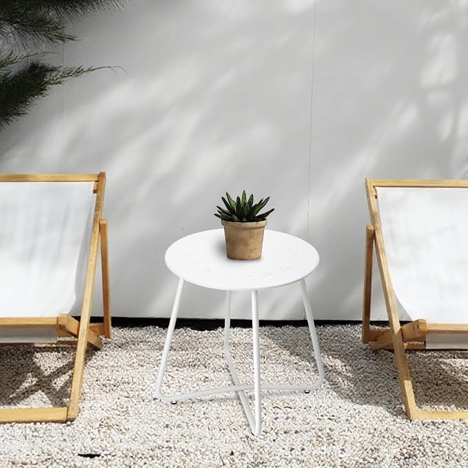 danpinera Outdoor Side Tables with Flower Cut Outs, Weather Resistant Steel Patio Side Table, Small Round Outdoor End Table Metal Side Table for Patio Yard Balcony Garden White - Image 6