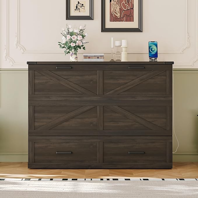 Bellemave Full Size Murphy Bed, Cabinet Bed with Charging Station and Storage, Farmhouse Murphy bedframe with Foldable Panel, Noisy Free, for Guest Bedroom, Living Room, Office, Rustic Gray
