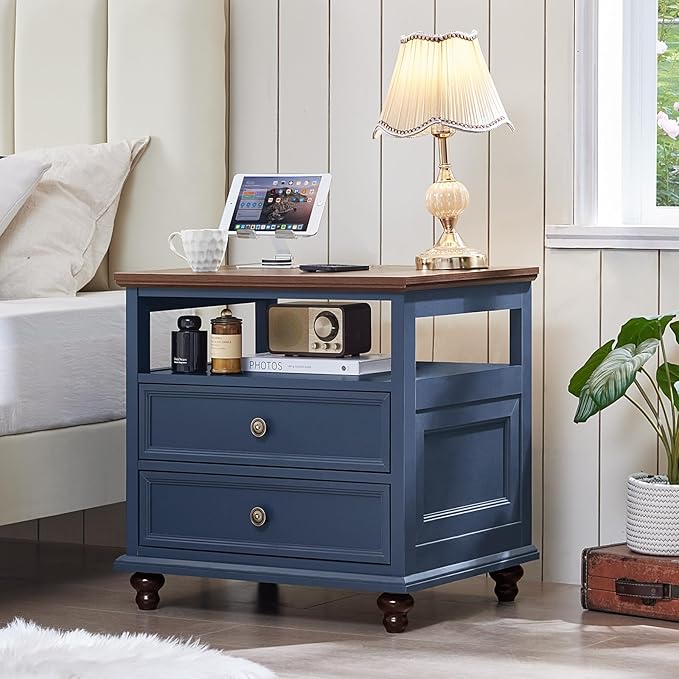 Joaxswe 24" Wide Farmhouse Nightstand with Charging Station Set of 2,54" 7 Drawers Dresser, 45" Tall Rustic Chests of 5 Drawers, Farmhouse Furniture Series for Bedroom,DarkBlue