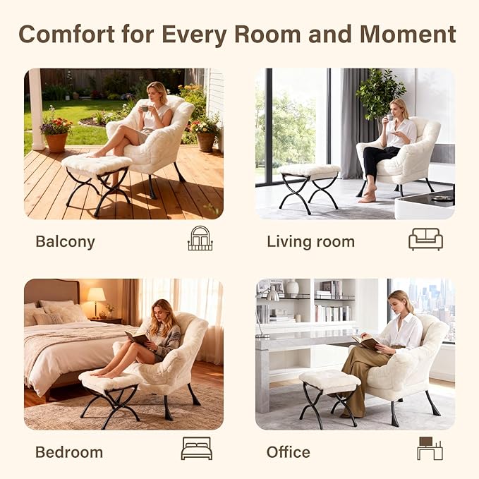 Lazy Chair with Ottoman, Modern Accent Chair Sofa Chair with Armrests, Reading Chair and Folding Footstool for Living Room, Bedroom, Office, Plush Beige