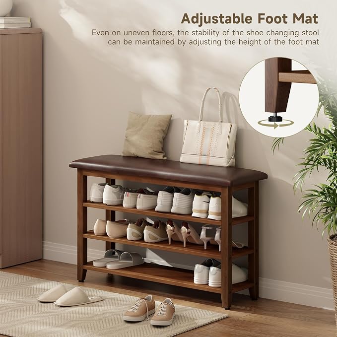 Shoe Bench with Leather Cushion,Wood Bench with Shoe Rack,3-Tier Shoe Storage Organizer for Entryway,Hallway,Living Room (Brown, 3-Tier-39.4") - Image 4