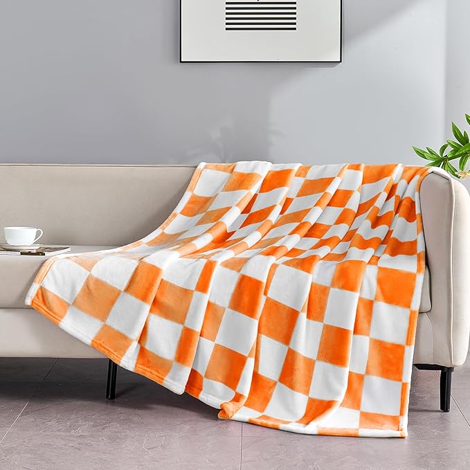 Edenleaf Orange Checkered Blanket, Soft Cozy Fleece Checkered Throw Blankets for Bed Sofa Couch Camping, Ultra Fluffy Throws for All Seasons, 50x60 Inch, Orange