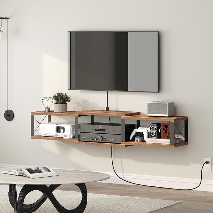 MAHANCRIS 43.7” Floating TV Stand with Power Outlet, Wall-Mounted Entertainment Center, Floating Metal Frame Media Console Shelf for Under TV Storage, for Living Room, Bedroom, Rustic Brown TVHR101E01 by MAHANCRIS