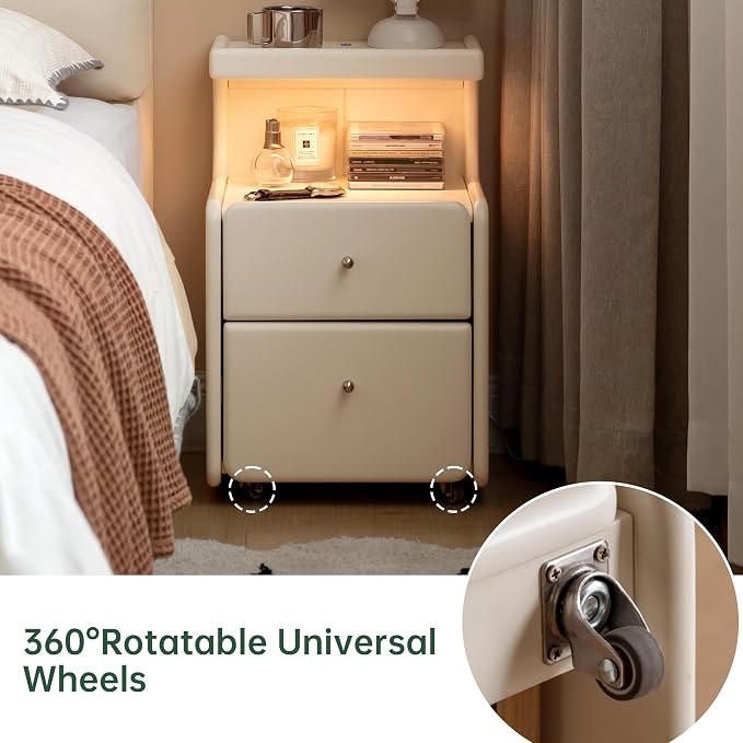 100% Solid Wood Side Table with Wheels LED Light, Narrow Side Table with Storage Drawers, Rolling Bedside Table for Bedroom Living Room Space Saving, Fully Assembled(White, 21.9" H) - Image 6