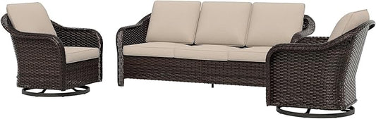 3 Piece Patio Wicker Conversation Set, All-Weather Use Outdoor Wicker Sofa with 2 PE Rattan 360 Swivel Chair, Ideal for Porch, Backyard, Balcony, Poolside, Beige