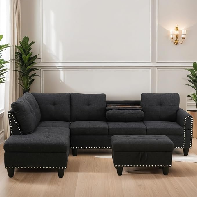 FONTOI L Shaped Sectional Couches for Living Room, Modular 4 Seat Sofa with Ottoman Storage, Modern Couch with Chaise for Bedroom Apartment Furniture, Black
