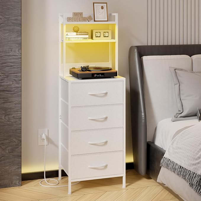 Fixwal 47 Inch Tall Nightstand with Charging Station, Led Night Stand with Socket, 4 PU Finished Fabric Storage Drawers, Office, Bedside Table & Bookshelf in One, White - Image 2