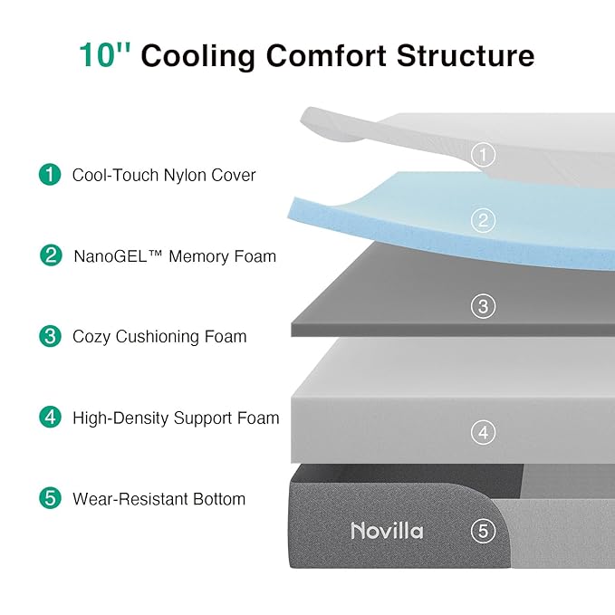 Novilla 10 Inch Mattress Queen Size, Gel-Infused Bliss Cooling Memory Foam Mattress Queen in a Box with Cool-Touch Nylon Cover, Motion Isolation & Ergonomic Support with CertiPUR-US Certified Foam