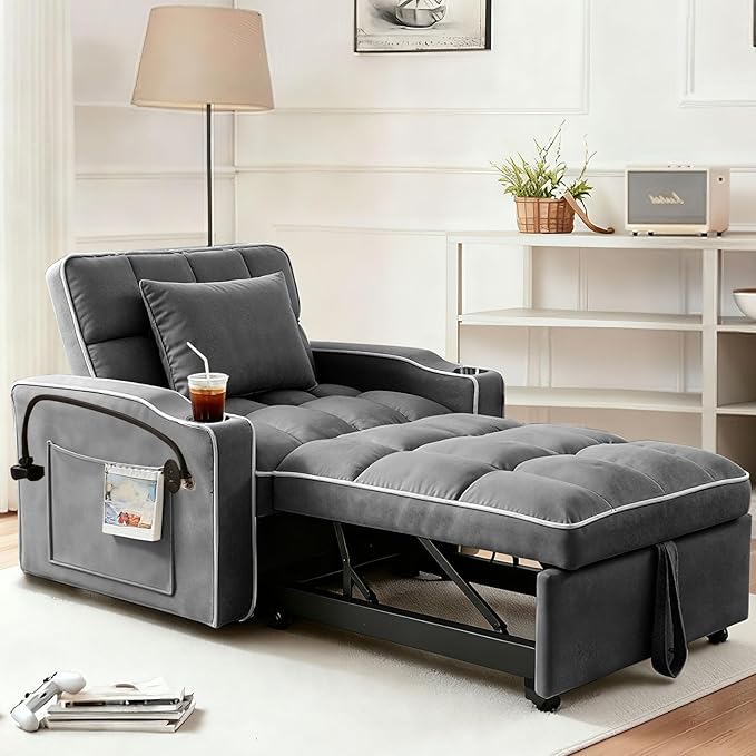 Sleeper Chair, Convertible Pull Out Chair Sleeper with Bracket and Cup Holder, Chairs Bed Sleepers for Adults, 3 in 1 Sofa Bed Chairs for Small Spaces, Living Room, Gray