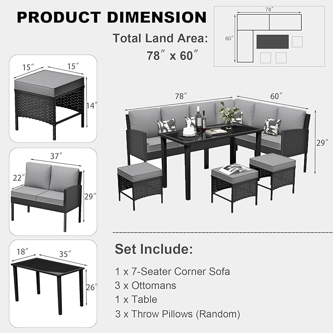 7-Piece Patio Furniture Set, Outdoor Conversation Set with Dining Table & Ottomans, PE Rattan Sofa Set with Throw Pillows and Cushions for Deck Yard Poolside, Gray