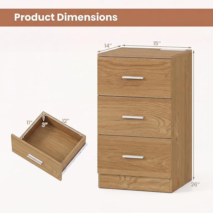 KOMFOTT 3-Drawer Nightstand, Modern Drawer Organizer with Power Outlet, Compact Bedside Storage End Table for Bedroom, Small Spaces (Natural,2) - Image 3