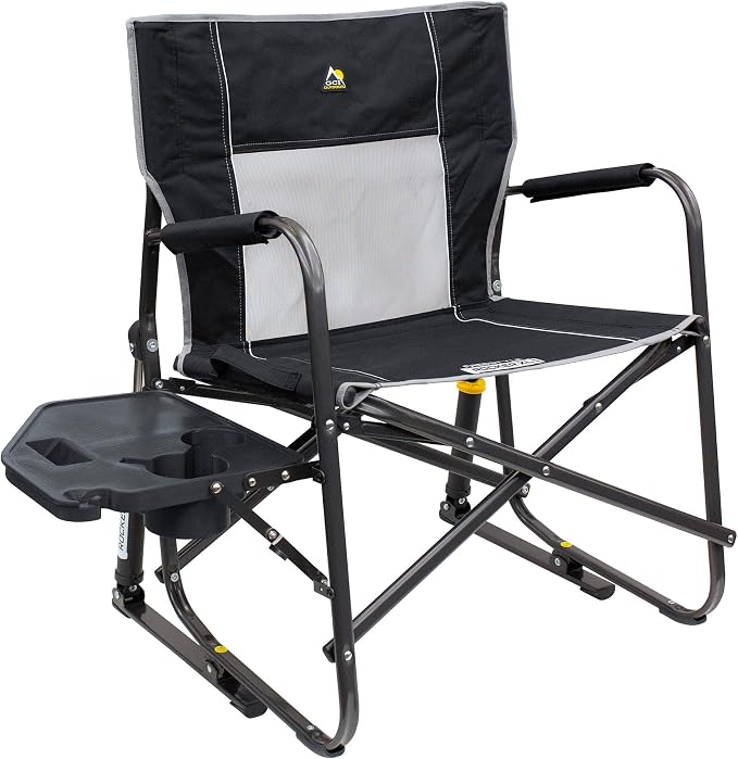 GCI Outdoor Freestyle Rocker XL with Side Table Camping Chair | Portable Folding Rocking Chair with Solid, Durable Armrests, Drink Holder & Comfortable Backrest — Black by GCIOUTDOOR