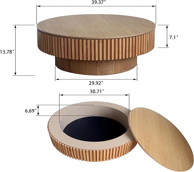 39.37'' Round Coffee Table with Storage, Solid Wood Veneered Modern Drum Coffee Table Accent Tea Table for Living Room, Bedroom, Apartment or Office-Natural