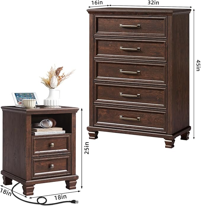 SAVOR LIFE Farmhouse Bedroom Dresser and Nightstand Set, 5 Drawer Dresser & 2 Drawer Nightstand Set, Rustic Wood Bedroom Furniture Set for Home, Walnut