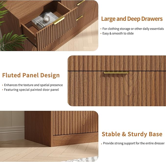 Dresser for bedroom Set of 2, Long Dresser with 18 Drawers, Fluted Modern Bedroom Furniture Set, TV Stand Dressers & Chests of Drawers for Closet, Natural Wood (15.7"D x 125.8"W x 31.8"H)