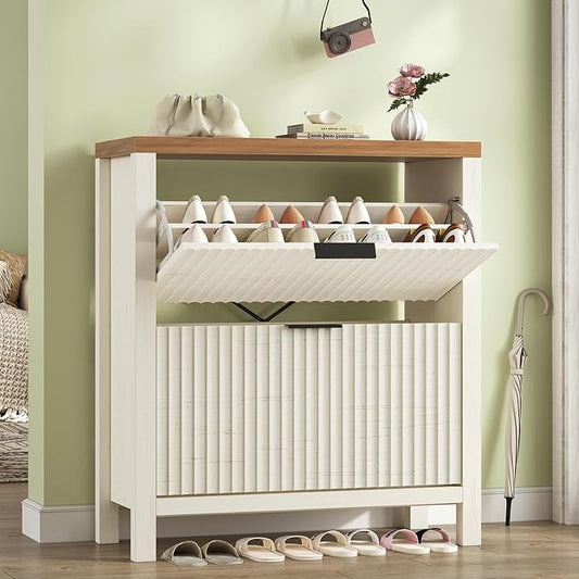 YOMILUVE Shoe Cabinet Storage for Entryway, Fluted Shoe Cabinet with 2 Flip Drawers, Hidden Shoe Rack Tall Freestanding Shoe Organizer with Legs for Hallway, White by YomiluveDesign