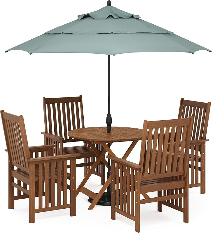 Furinno TIOMAN Folding Patio Dining Table, Outdoor Wooden Table with Umbrella Hole, Round 4-Person Patio Table for Garden, Porch, Backyard, Light Wood - Image 3
