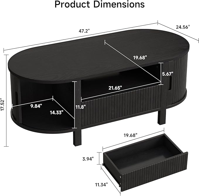 47" Oval Coffee Table, Tambour Design Coffee Tables for Living Room, Mid Century Modern Wood Coffee Table, 3-Tier Accent Center Table with Storage, Large Drawer, Black