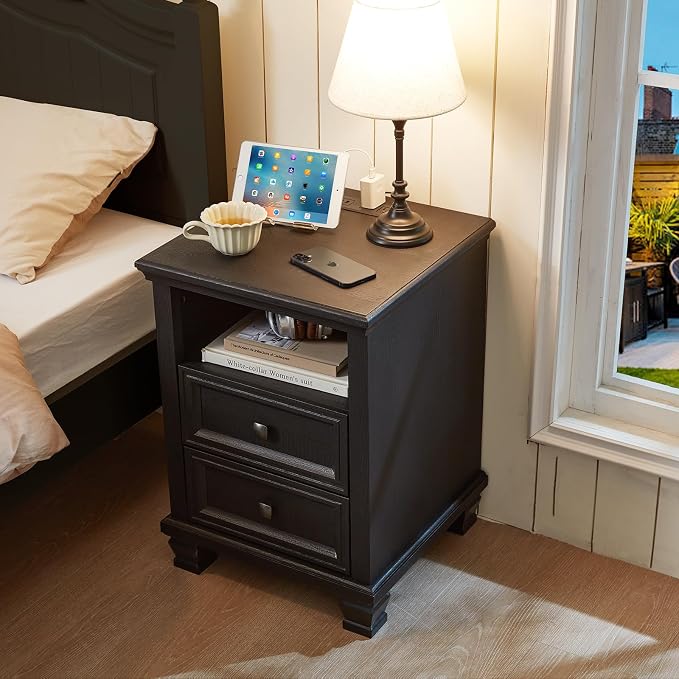 SAVOR LIFE Farmhouse Nightstand Set of 2 with Charging Station, Rustic Black Nightstand with Drawers, Bedside Table with Open Shelf for Bedroom, Black - Image 8