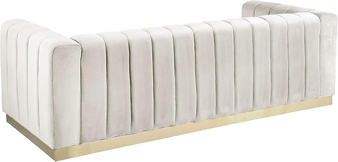 Meridian Furniture 603Cream-S Marlon Collection Modern | Contemporary Velvet Upholstered Sofa with Deep Channel Tufting, Stainless Steel Base in a Brushed Gold Finish, Cream, 86.5" W x 34" D x 28" H