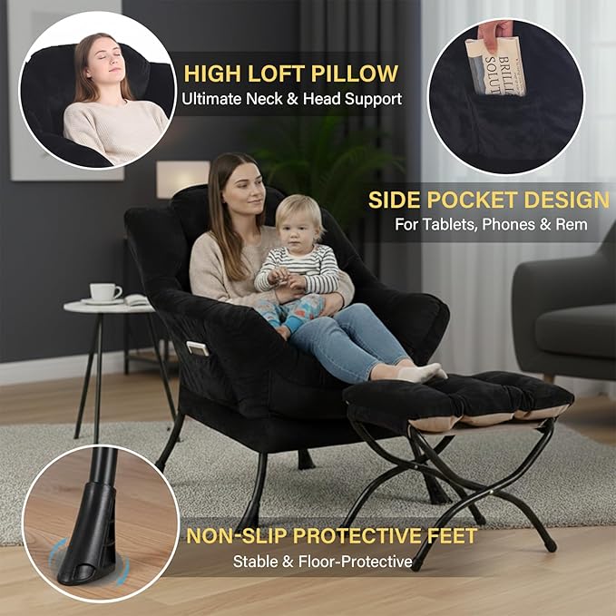 Plush Black Lazy Chair with Ottoman, Large Contemporary Accent Chair with Side Pocket, Modern Leisure Upholstered Reading Armchair with Footrest for Office, Bedroom, Living Room, Balcony