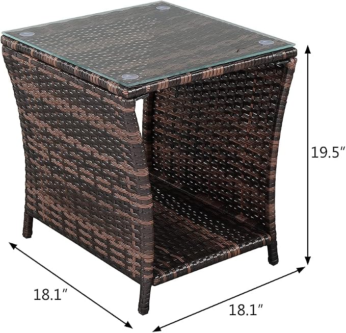 VINGLI Outdoor Wicker Side Table Patio Side Tables for Outside, Tempered Glass Top Wicker Table with Storage End Table for Balcony Porch Deck (Brown) - Image 3