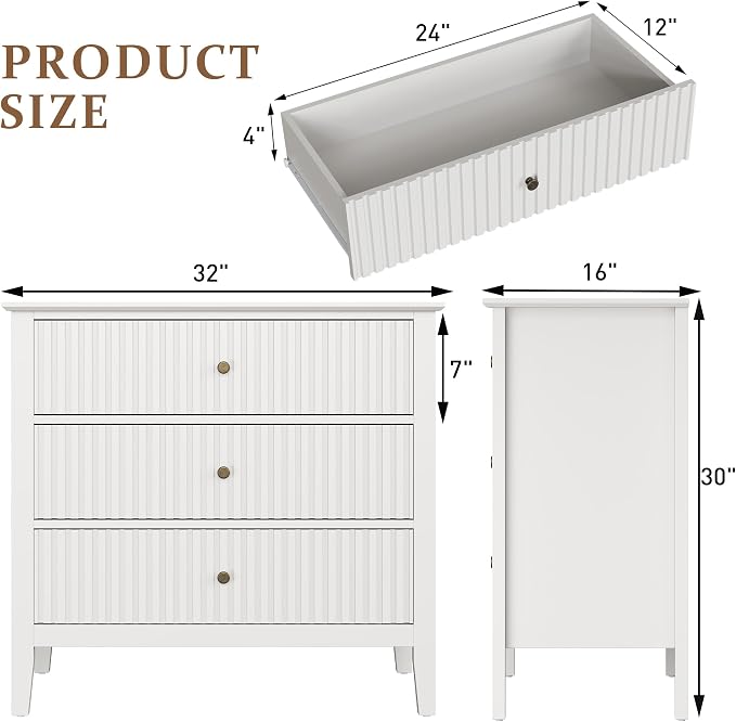 RoyalCraft White Fluted 3 Drawer Dresser, 32 inch Wide Dresser Nightstand for Bedroom, Modern Wood Chest of Drawers, Large Painted Nightstand with 3 Drawers for Closet, Hallway, Entryway - Image 2