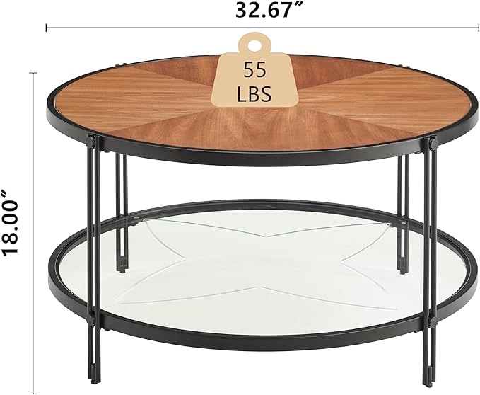 32" Round Glass Coffee Table with Glass Bottom, Black Circle Center Coffee Table with Wood Top ＆ Metal Frame, Small Table for Living Room, Apartment (32" Dx32 Wx18 H, Black)