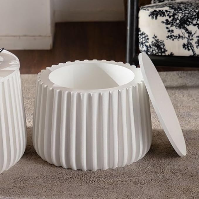kevinplus 46.46'' White Round Coffee Table Set of 2 with Storage Space & Lift-Off Lid, Modern Circle Fluted Drum Nesting Coffee Table for Living Room, Curved-Edge Shape & No Assembly, White