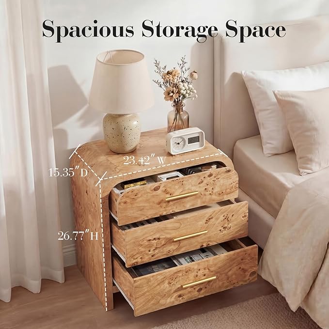 Night Stand [Unique Curved Profile] [FSC-Certified Wooden Board] 3-Drawer Nightstand 24" H Metal Handle Modern Bedside Table - Image 2
