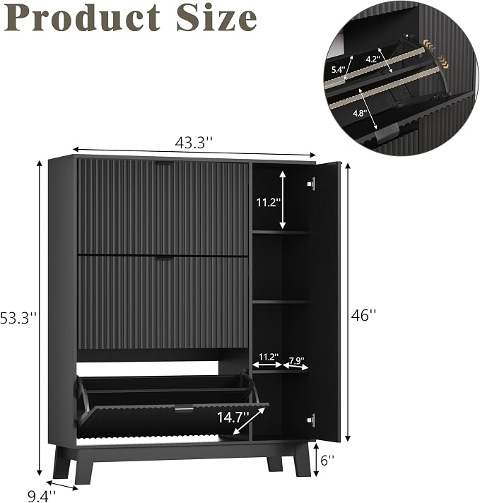 Shoe Cabinet Storage for Entryway with 3 Flip Drawers & Side Cabinet, Fluted Narrow Shoe Organizer with Wooden Leg, Freestanding Shoe Storage Hidden Shoe Rack Organizer for Front Door Entrance, Black - Image 2