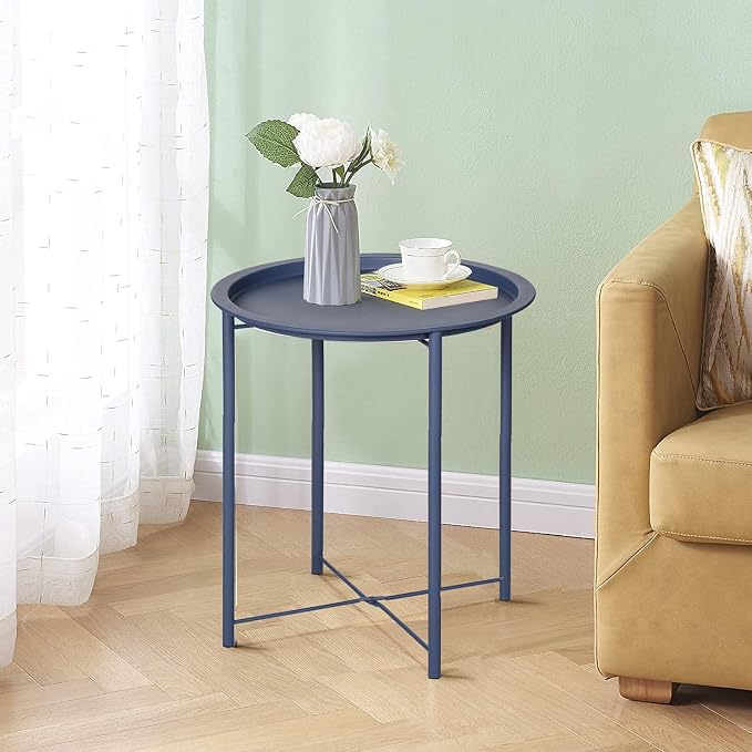 VECELO Side/End Table, Folding Round Metal Anti-Rust and Waterproof Outdoor or Indoor Tray for Living Room Bedroom Balcony and Office, 2 PCS, Blue - Image 2