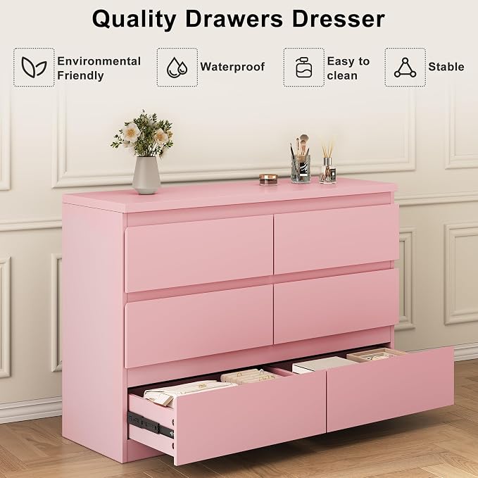 Jocoevol Modern Pink 6 Drawer Dresser - Simply Chest of Drawers for Bedroom, Closet, Living Room, Hallway, Entryway, Wood Storage Double Dresser with Smooth Metal Rails - Pink - Image 4