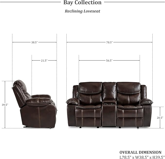 Lexicon Bay Manual Reclining Living Room Sofa Set, 2-Piece, Dark Brown