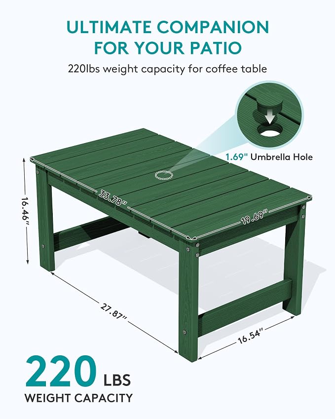 SERWALL Outdoor Coffee Table with 1.69" Umbrella Hole, HDPE Patio Coffee Table for Outside, Rectangle, Green - Image 3