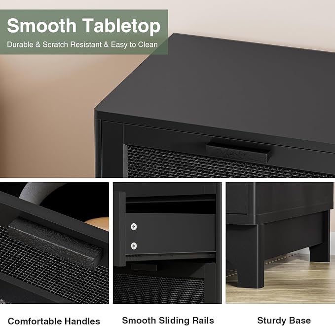 Anmytek Rattan Nightstand with 3 Drawers, Farmhouse Night Stand with Nature Rattan Storage Drawers, Black Wood Bedside Table Sofa End Side Table for Bedroom Dorm Small Spaces, 15.5”D x 19.7”W x 23.6”H - Image 6