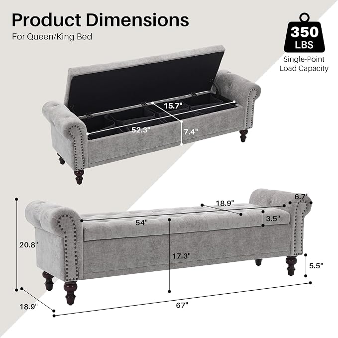 SOFTHION Storage Bench for Bedroom, 67" End of Bed Bench King Size, Upholstered Chenille Storage Ottoman with Tufted Cushioned Rolled Arm Large Storage Space for Living Room Entryway, Light Grey - Image 2
