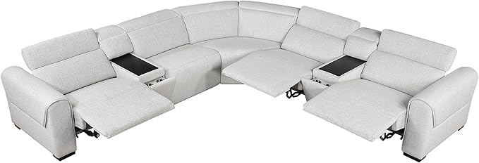 Lexicon Power Reclining Sectional Couches for Living Room-Modular Sectional Sofa, Wall Hugger, 3 Recliner Seats, 2 Console Cup Holders, Power Headrests, Charging Ports, 5 Seater Couch, Chenille Cloud