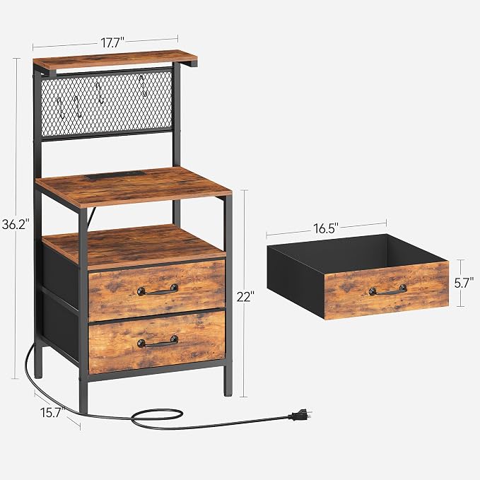 Tall Nightstand with Charging Station and LED Lights, Large Night Stands with 2 Fabric Drawers, Bedside Table with Storage Shelves and Hooks for Bedroom, Office, Dorm, Rustic Brown - Image 3