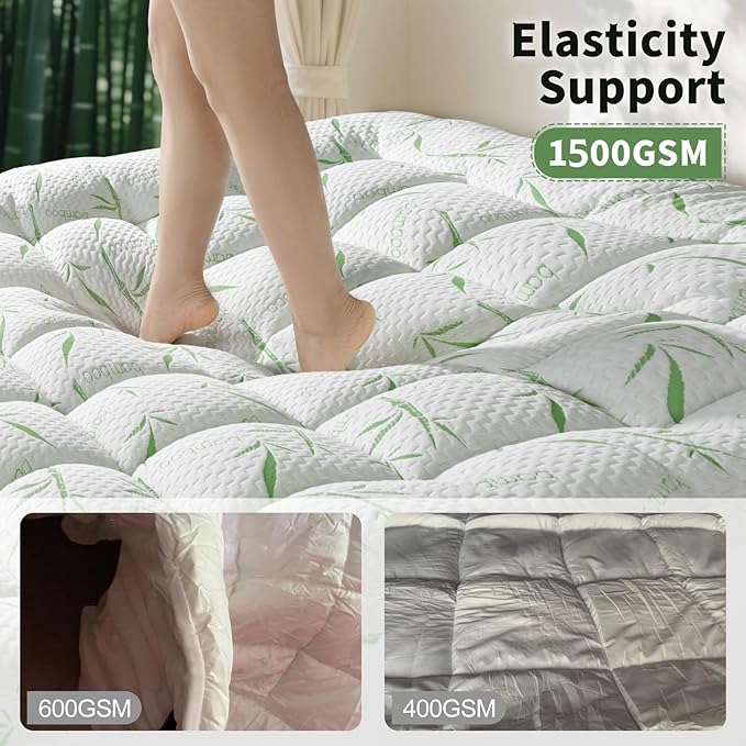 3 Inch Mattress Topper Queen Size - 1500GSM 3D+7D Down Alternative Fill,Viscose Made from bambu Cover,Cooling Extra Firm Pillow Top Mattress Pad for Back Pain with 6"-18" Deep Pocket (60"x80")